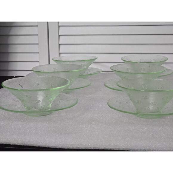 6 Sets Green Recycled Glass Bowls With Saucers Swirl Design EUC Vintage MCM - Picture 6 of 7